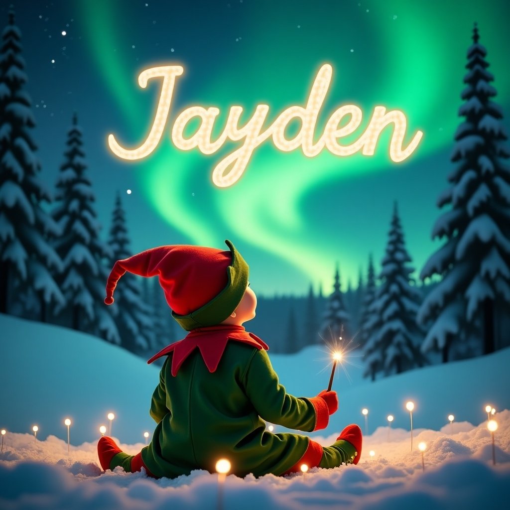 The scene portrays a young child dressed in a vibrant elf costume, sitting with their back turned to the viewer. With a wand in hand, the child gazes upward, conjuring the name 'Jayden' in a whimsical, glowing script. Above them, the mesmerizing northern lights dance in brilliant shades of green, illuminating a peaceful winter landscape filled with snow-covered trees. Soft twinkling lights in the foreground enhance the cozy, festive feel of the moment. This enchanting atmosphere evokes the joy and magic of the holiday season.