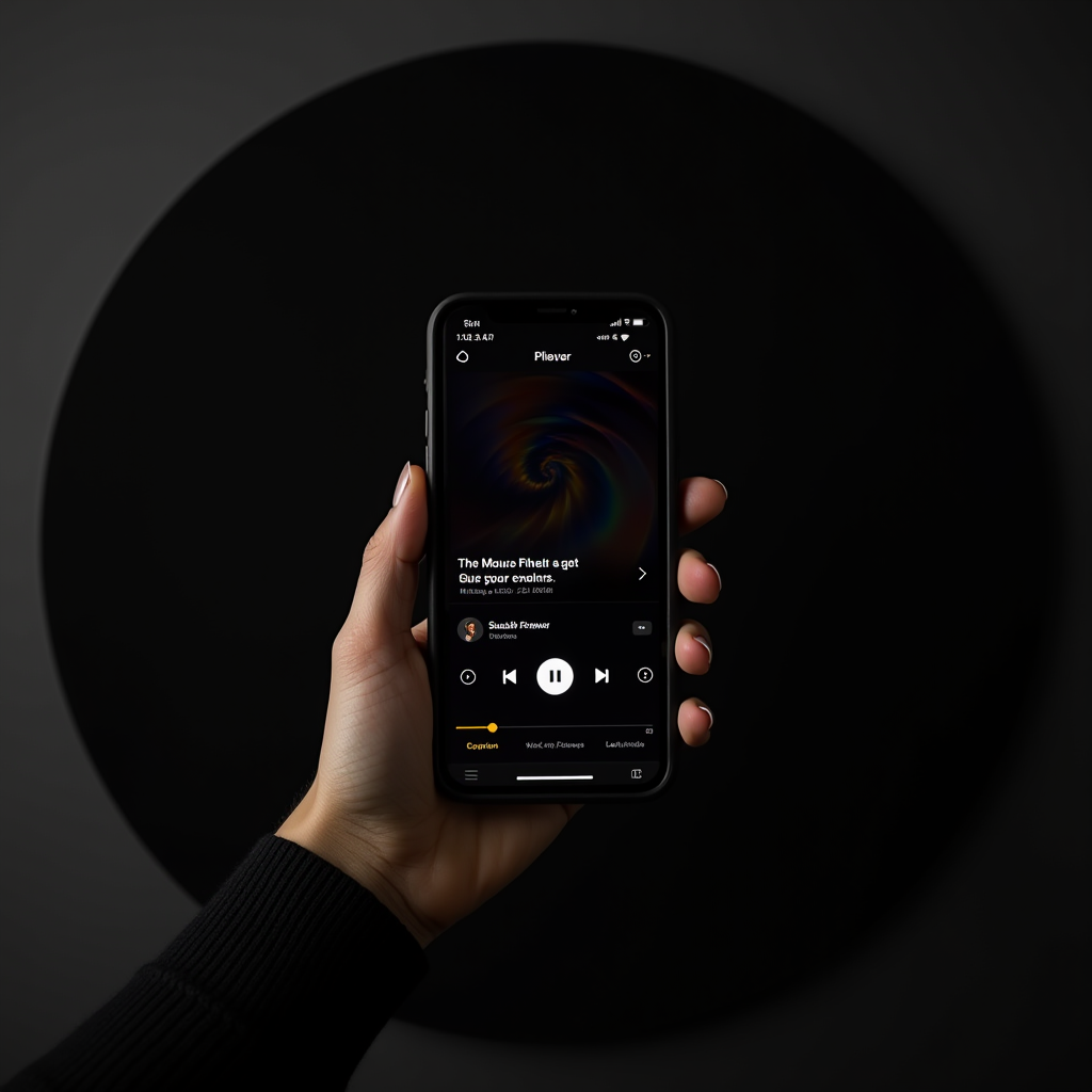 A hand holds a smartphone displaying a music app with a dark, swirling design.