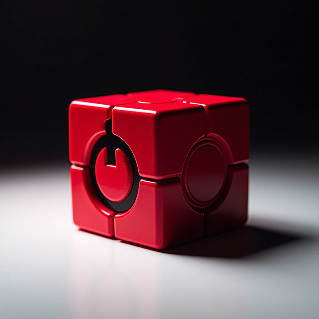 A glossy red cube featuring a prominent power symbol etched on one of its faces, set against a softly lit background.