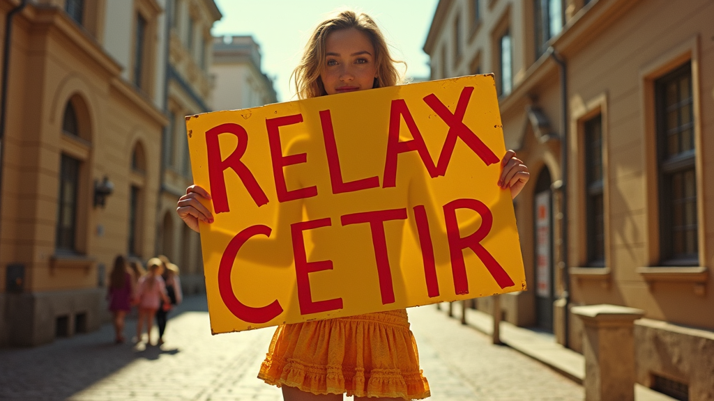 A person stands in a sunlit cobblestone street holding a yellow sign with red letters reading 'RELAX CETIR,' bordered by traditional buildings.