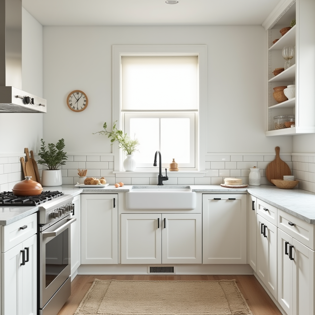 A cozy modern kitchen with white cabinetry and a large farmhouse sink, accented by warm wooden elements and greenery.