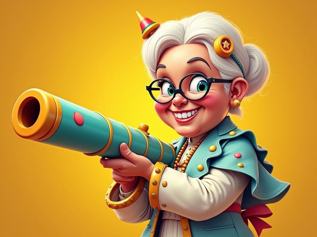 The image depicts a cheerful elderly woman with bright white hair styled neatly, adorned with a playful party hat and quirky glasses. She's holding a colorful, oversized toy telescope that adds to the playful theme. Her vibrant clothing, with whimsical buttons and accents, complements the joyful setting against a bright yellow background.