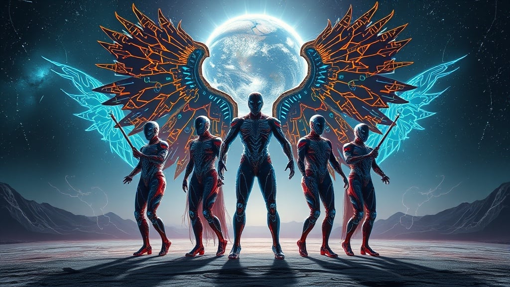 This breathtaking digital artwork depicts a futuristic scene featuring five humanoid figures standing under the magnificence of an enormous full moon. The central figure is adorned with elaborate, glowing wings that blend neon hues of blue and orange. The collection of figures appear to be in a uniform, suggesting unity and purpose, set against a dramatic celestial background that reinforces a cosmic or otherworldly theme.