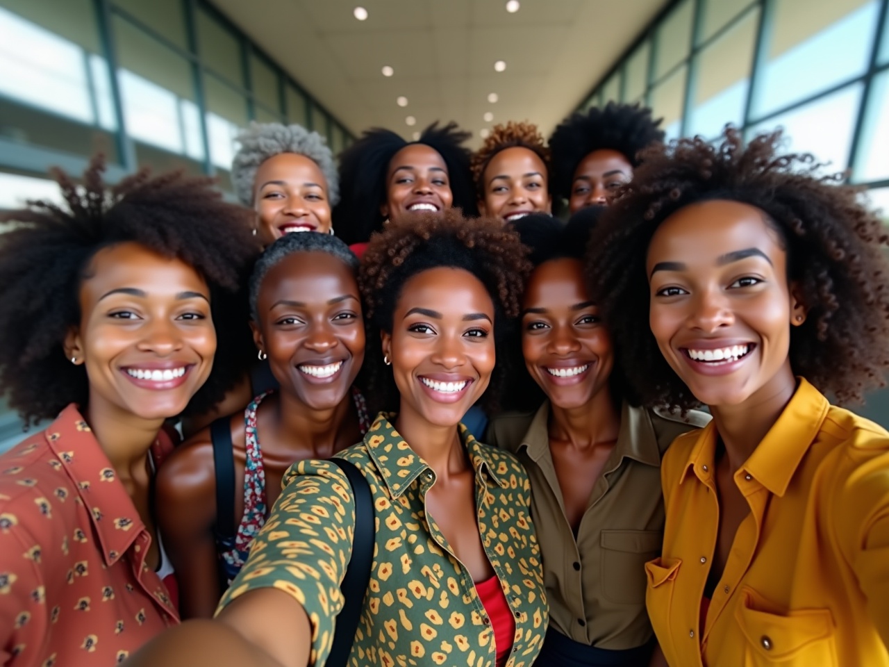 The image showcases a group of diverse women smiling together in a close-up selfie. They exhibit a variety of hairstyles and clothing styles, representing individuality and beauty in diversity. The background features a modern, well-lit setting that enhances the cheerful mood of the photo. Their expressions radiate joy and friendship, reflecting a warm sense of community. This image could be used to highlight themes of empowerment and social connections, especially among women.