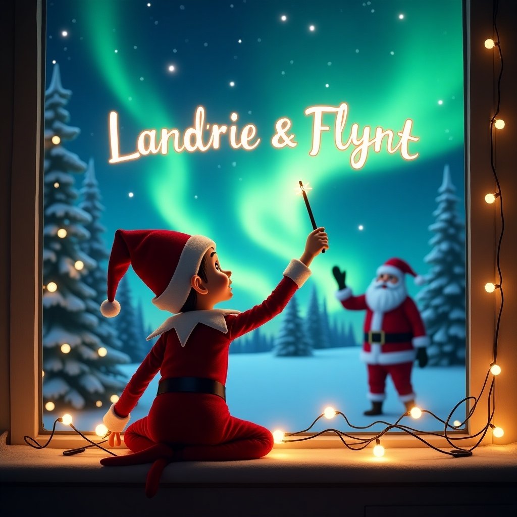 An enchanting scene featuring an elf on the shelf, who has his back turned to the viewer, facing the sky. The elf is joyfully using a magical wand to write the names 'Landrie & Flynt’ in the shimmering sky. In the backdrop, the magical Northern Lights illuminate the night, creating a dazzling atmosphere. Santa Claus is visible in the scene, adding to the festive spirit. String lights twinkle around the elf, enhancing the Christmas charm. This image captures the joy and wonder of the holiday season, appealing to children and families alike.