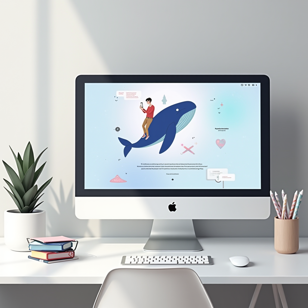 The image portrays a modern, minimalistic workspace with an iMac at its center, displaying an imaginative digital artwork. The screen shows a whimsical illustration of a person standing on a blue whale while using a smartphone, set against a soft, pastel background suggesting a connection between technology and creativity. The desk is neatly organized, featuring a small potted plant on the left, a stack of multicolored books, and a cup filled with pastel-colored pencils on the right. The overall aesthetic is clean and bright, accented by natural daylight streaming in from the left.