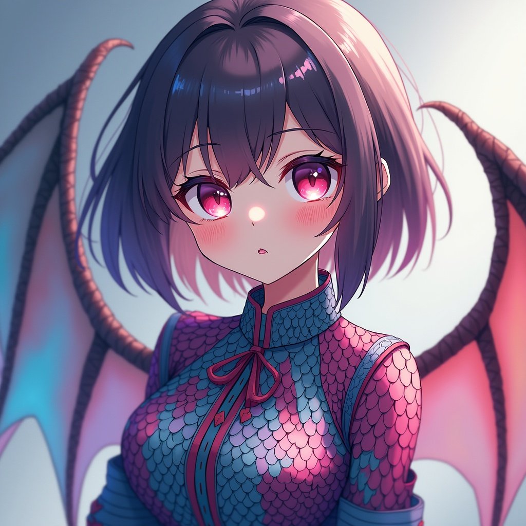 This image features an anime girl with colorful scales across her outfit, large glowing eyes that create an enchanting look, and thin wings folded neatly on her back. Her hairstyle is short and stylish, giving her a modern appearance. The color palette consists of pink, blue, and purple, enhancing the fantasy aspect of her design. The soft lighting casts a gentle glow on her face and highlights her features beautifully. The overall composition combines elements of cuteness with a mythical charm, making it visually appealing to fans of anime and fantasy art.