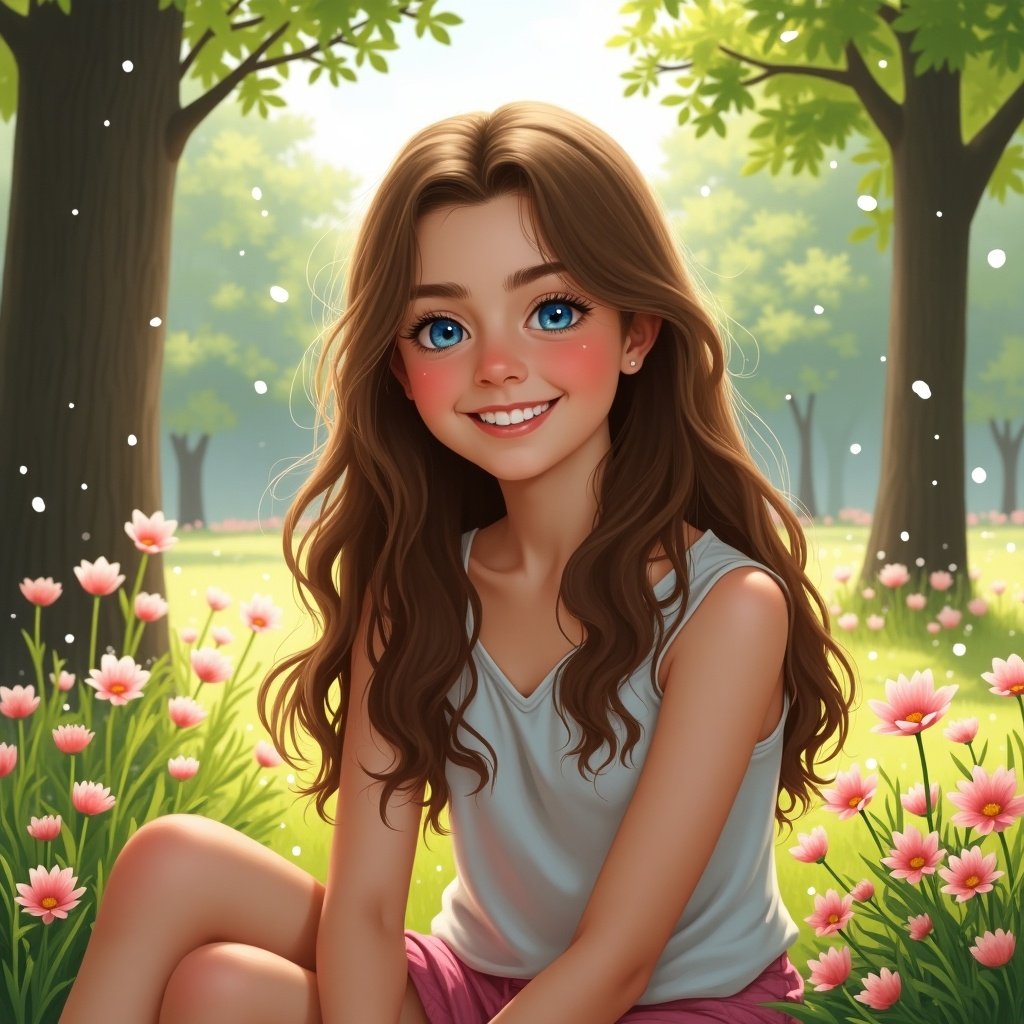 A joyful girl sitting in a flower-filled field, surrounded by tall trees. She has long, wavy brown hair and bright blue eyes, smiling at the viewer. The setting is vibrant and sunny, conveying a sense of happiness and tranquility. The flowers in various colors add to the cheerful atmosphere. The warm sunlight creates a magical glow around her, enhancing the enchanting scene.