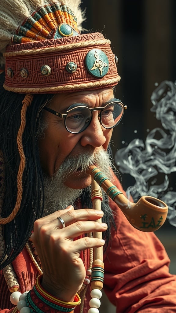 An elderly man wearing traditional attire and a headdress is thoughtfully smoking a pipe.