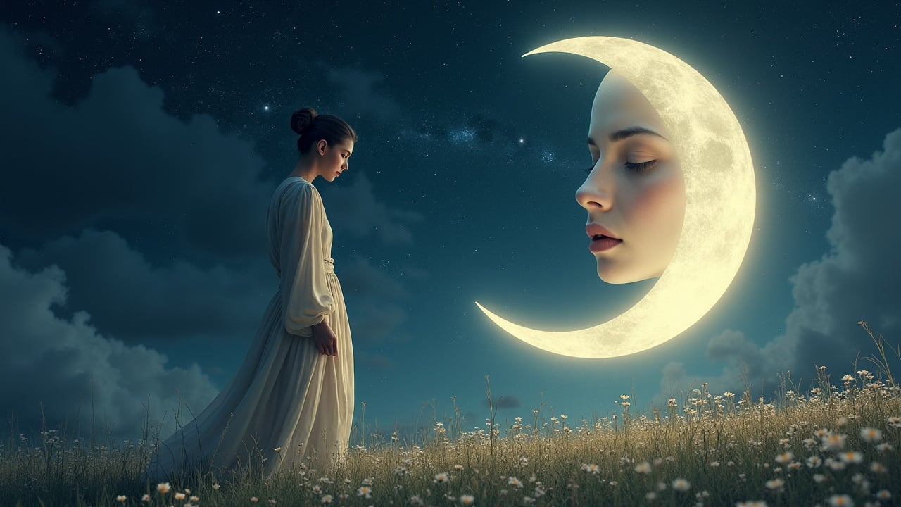 This enchanting image depicts a serene night scene where a woman in flowing robes stands in a grassy field under a starry sky. The crescent moon beside her bears the gentle, ethereal face of a woman, creating a surreal interaction between celestial and terrestrial beauty. The scene evokes a dreamlike quality, merging fantasy and reality.