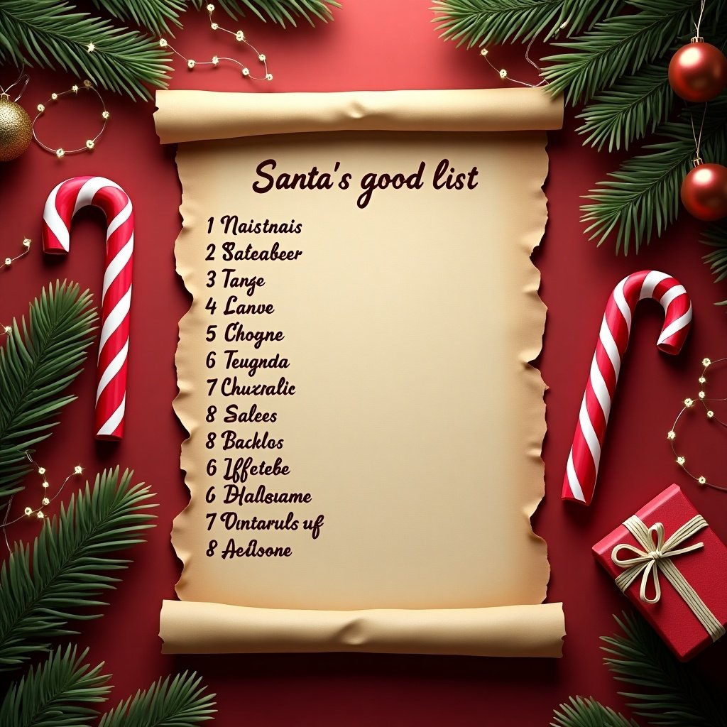 The image features a parchment scroll displaying Santa's good list, placed on a vibrant red background. Surrounding the scroll are candy canes, pine branches, and Christmas ornaments, creating a festive scene. The scroll is aged with edges that appear slightly burned, adding to the vintage feel. The list includes names written in a charming font, symbolizing holiday traditions. Decorative elements like shiny baubles and a small gift box enhance the Christmas theme.