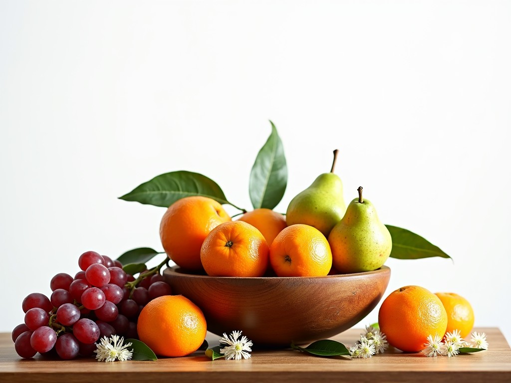 This image features a beautiful arrangement of fresh fruits in a wooden bowl. The display includes vibrant oranges, green pears, and purple grapes, enhancing the aesthetic with delicate white flowers and green leaves. The soft natural lighting highlights the freshness of the fruits while creating an inviting ambiance. The setting is minimalistic with a light background, drawing attention to the colorful fruits. This image embodies a sense of health and natural beauty, perfect for culinary or lifestyle themes.