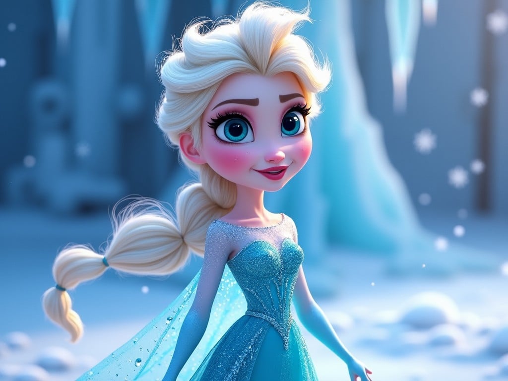 A character from a popular animated film. She has platinum blonde hair styled in a braid and bright blue, expressive eyes. The character wears a sparkling ice-blue dress that shimmers in the soft light. Snowflakes gently fall around her in a wintery landscape. There are icy structures in the background, suggesting a magical setting.