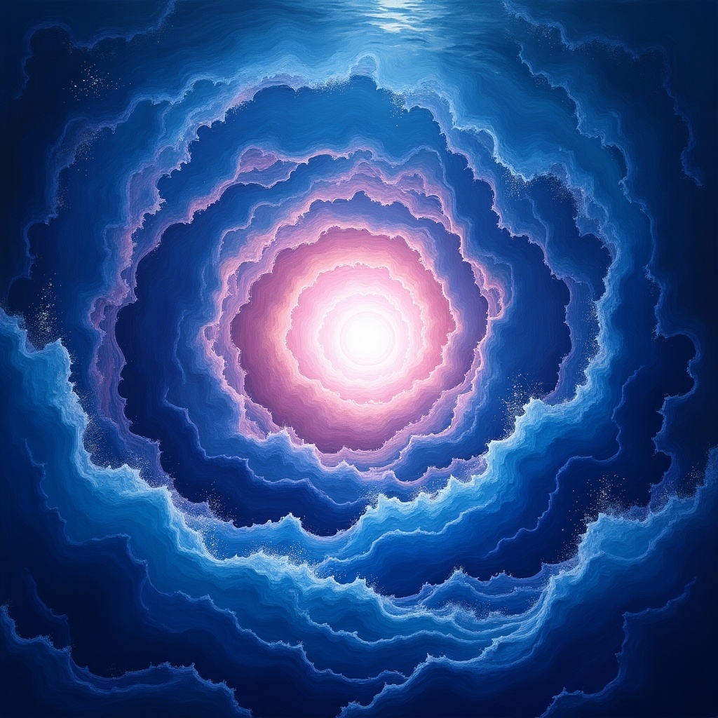 Create a spiritual book cover titled 'The Mystical Ocean'. Use blue, violet, and pink hues to design an abstract representation of an ocean with spirals. The spirals should resemble ocean waves, drawing the viewer in towards the center. The central point should glow softly, creating a mystical feel. The overall design should evoke a sense of peace and spirituality, suitable for a book focused on exploration of the soul.