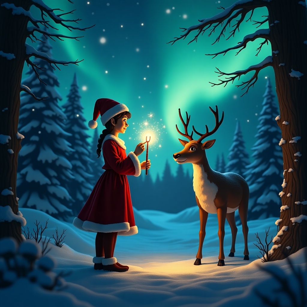 A magical winter scene set in the North Pole. A young girl wearing a red Christmas outfit stands in a snowy forest, holding a glowing wand. She is facing a curious reindeer standing nearby. In the night sky, the name 'Jasmine' is written among the twinkling stars, illuminated by the wand's light. The northern lights swirl beautifully in the background, enhancing the enchanting atmosphere of the setting. Snow-covered trees frame the scene, creating a cozy holiday feel.