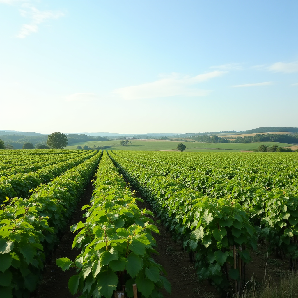 A vast vineyard stretches under a clear blue sky, with lush green vines extending into the horizon.