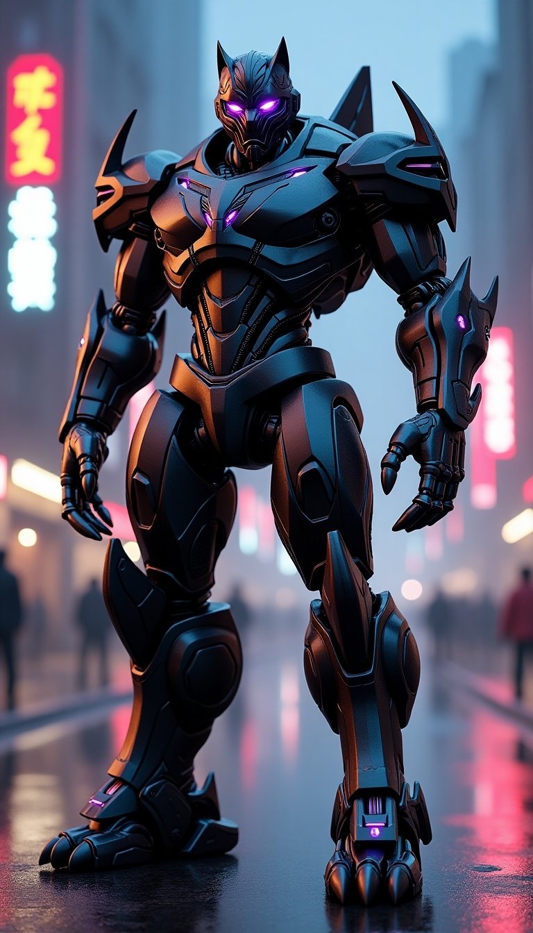 The image features a highly detailed, futuristic full-body robot that combines elements reminiscent of Optimus Prime with a black panther design. The robot is sleek, metallic, and showcases angular features along with intricate armor plating. A crown-like neck structure highlights jaguar patterns adorned with glowing purple accents. Long, sharp claws capture the elegance and danger of a jaguar, emphasized by their glowing highlights. The fierce expression of the robot's face with glowing purple eyes adds to its high-tech look. It strikes a powerful pose against a futuristic cityscape, illuminated by vibrant neon lights, creating a captivating scene with realistic lighting effects.