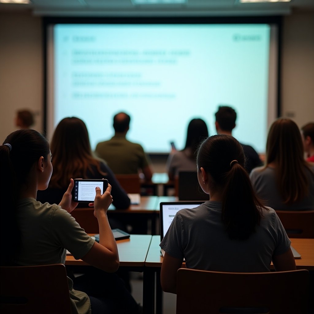 In a classroom setting, several students are engaged with their devices. Some are holding tablets, while others are using laptops or smartphones. They are all focused on a projected screen at the front of the room. The atmosphere is calm and studious, with soft lighting enhancing the learning environment. The image captures the integration of technology in education, showcasing modern learning methods.