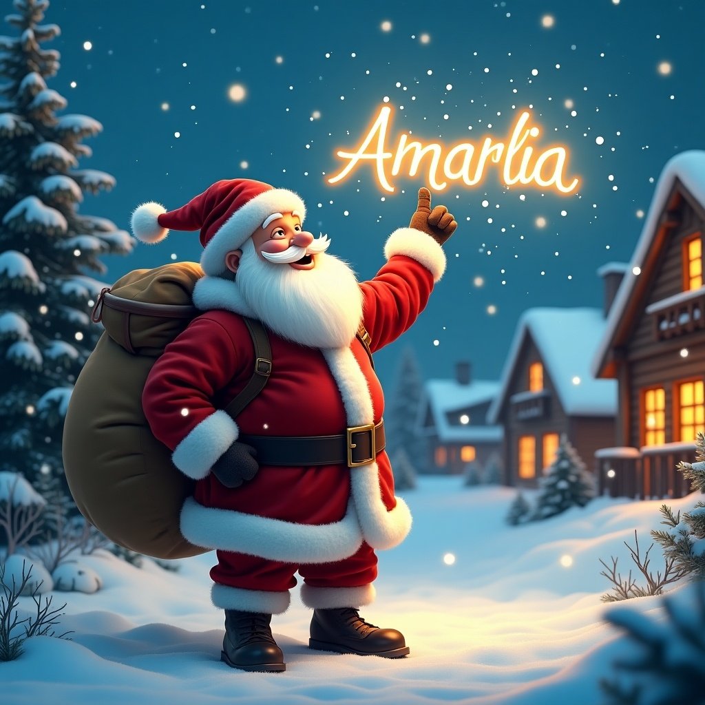 In this enchanting winter scene, Santa Claus is dressed in his iconic red suit, complete with a fluffy white beard and a large sack over his shoulder. He's standing in a snowy village, pointing up at the sky where he is magically writing the name 'Amarlia' with glowing light. Snowflakes gently fall around him, and charming wooden houses with warm lights can be seen in the background, surrounded by evergreen trees. The overall atmosphere is festive and joyful, capturing the spirit of Christmas. This image embodies the wonder of the holiday season, inviting feelings of happiness and nostalgia.