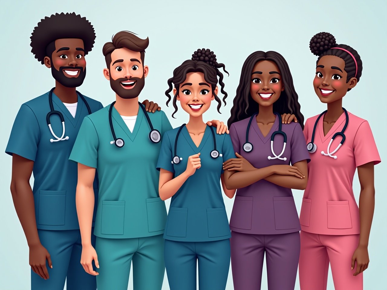 The image features a group of six medical professionals standing side by side. They are wearing scrubs in various colors and have different heights. There are three male and three female professionals, all smiling warmly. Two of the males have stethoscopes draped around their necks, while another male holds his stethoscope in hand. One of the females also wears a stethoscope. The men have African hairstyles and the women showcase African braids, contributing to their diverse representation. Together, they convey a friendly, professional appearance, ready to assist patients.