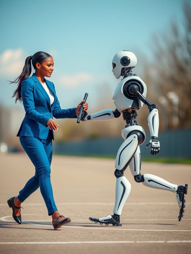 A woman in a business suit passing a baton to a humanoid robot on an outdoor track. The scene captures technology and human intersection in a relay race metaphor.