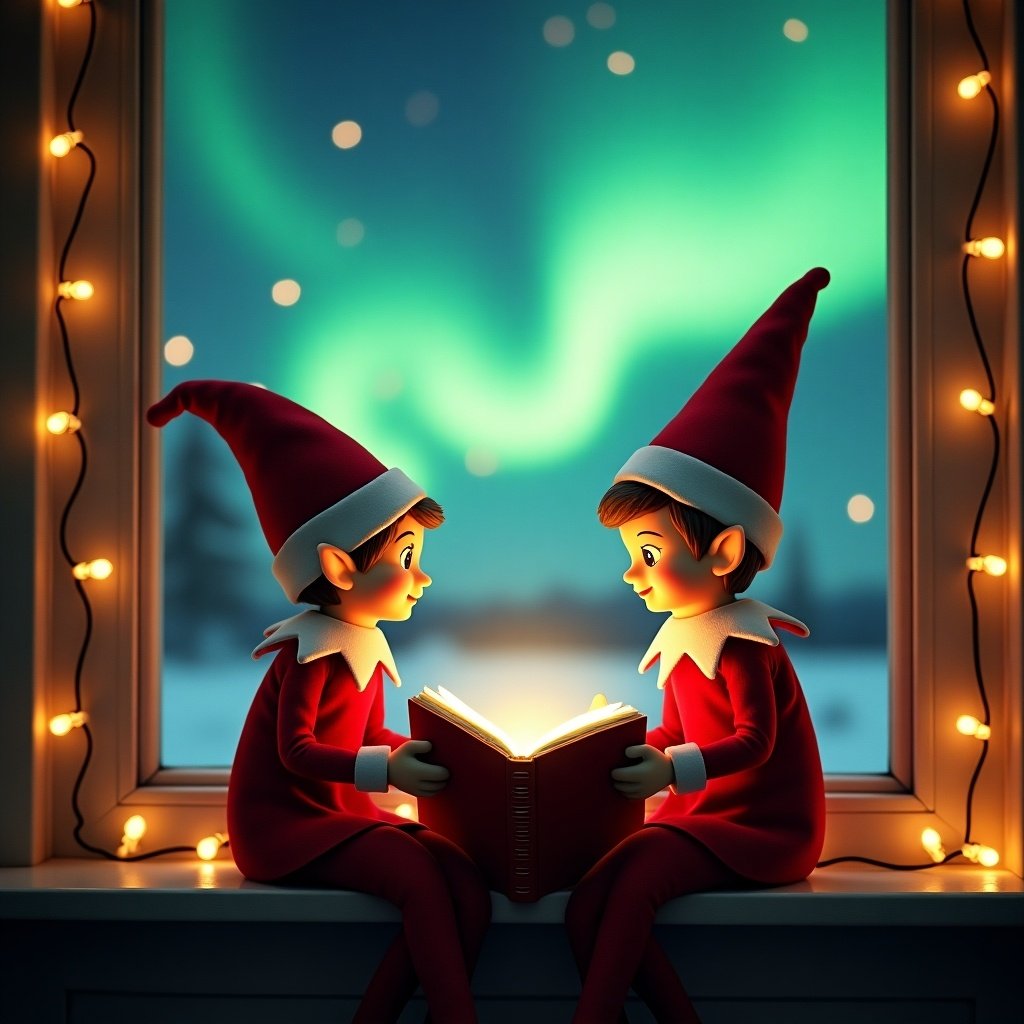 This enchanting image showcases two cheerful elves on the shelf, donned in their iconic red outfits with playful pointy hats. They sit together by a window, completely absorbed in a glowing book, which hints at them sharing delightful holiday secrets. Outside the window, the breathtaking northern lights illuminate the snowy landscape in vibrant greens and blues, creating a truly magical setting. Surrounding the window, twinkling holiday lights enhance the cozy, festive vibe. This scene beautifully captures the warmth and excitement of the Christmas season, evoking feelings of joy and anticipation for Santa's visit.