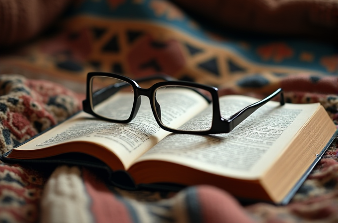 A pair of black-rimmed glasses rests on an open book, placed on a colorful patterned fabric.