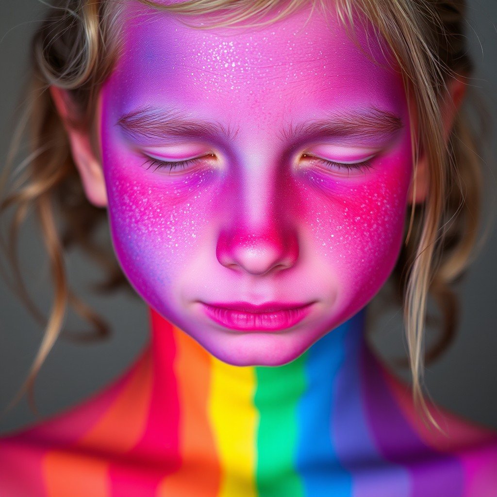 A person with closed eyes painted in vibrant rainbow colors, showcasing an artistic blend of hues.