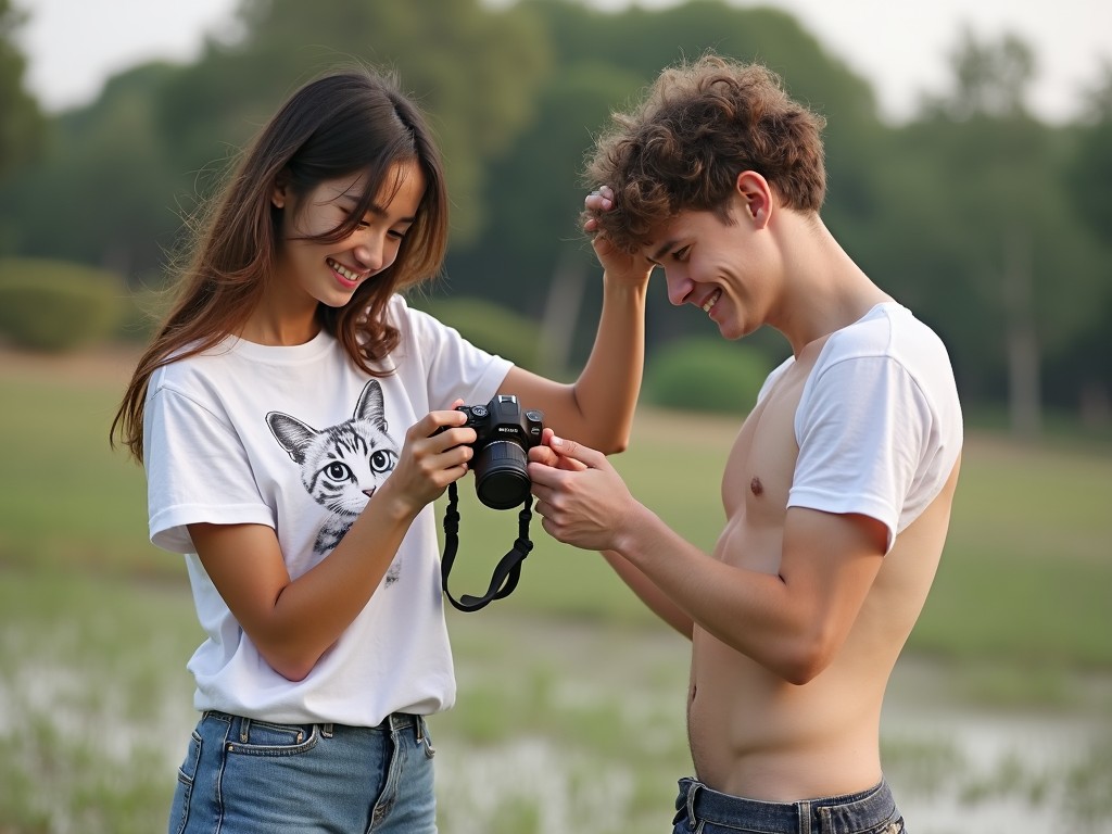 Two young adults outdoors sharing a camera, smiling, casual clothing, natural light