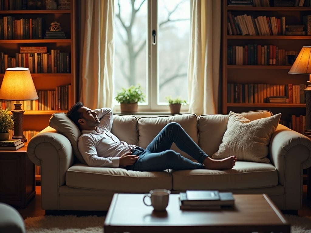 The image captures a peaceful scene in a cozy living room. A man is reclining on a light-colored couch, indicative of comfort and relaxation. The room is adorned with bookshelves filled with books and is softly lit by warm-toned lamps. Natural light flows in through a window adorned with light curtains, adding to the serene ambiance. The setup suggests a perfect environment for unwinding with a book or enjoying a moment of mindfulness.