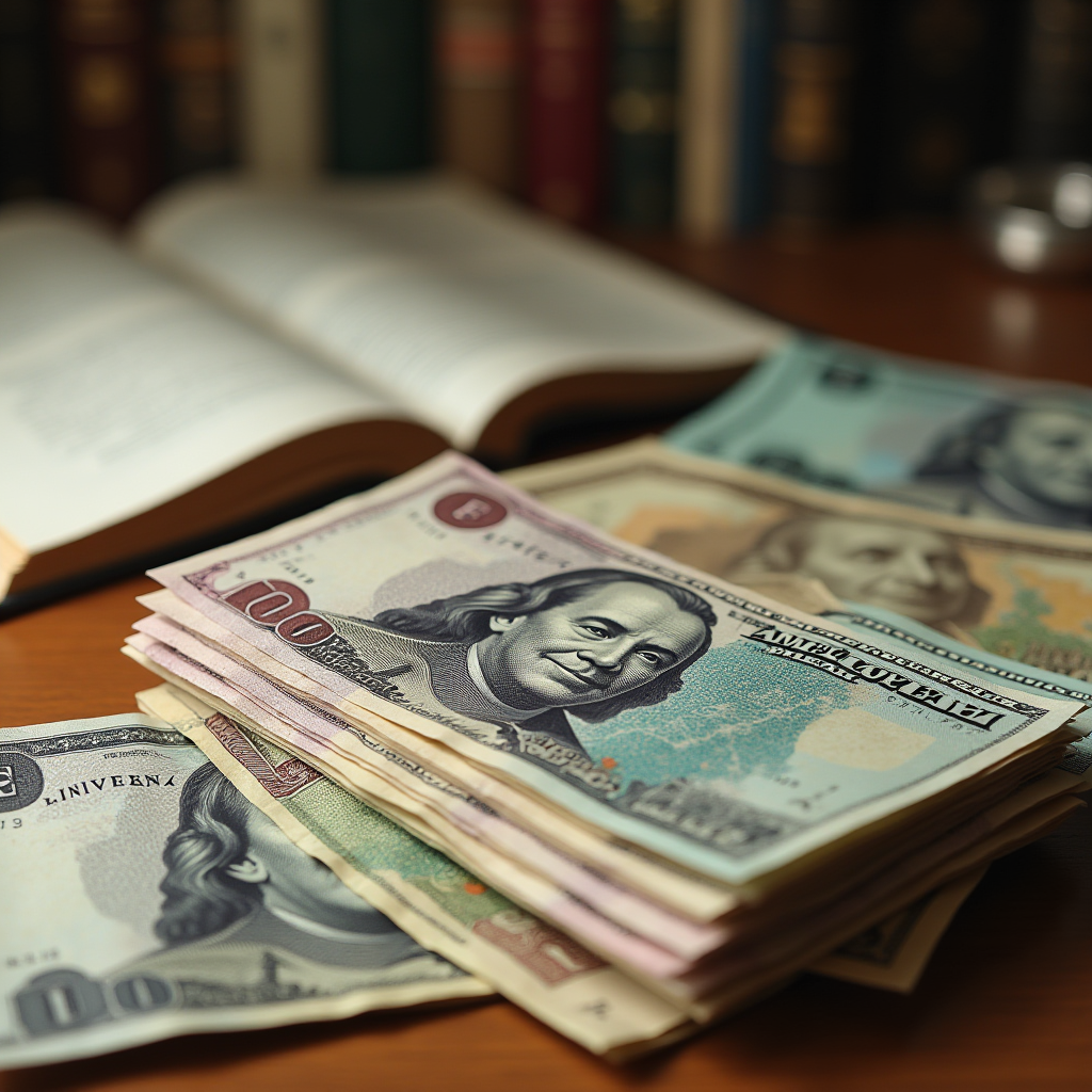 A stack of one hundred dollar bills is placed beside an open book on a wooden table, with shelves of closed books in the background, symbolizing the intersection of wealth and knowledge.