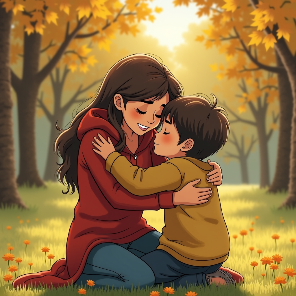 A mother and child embrace warmly in a sunlit autumn forest.