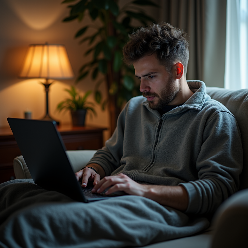 A person sitting on a couch, focused on using a laptop with warm ambient lighting.