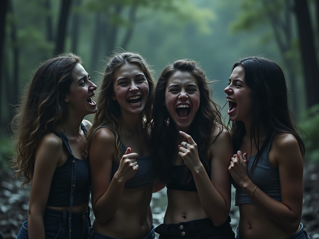 four young women laughing in a forest setting, wearing casual outfits, with natural lighting