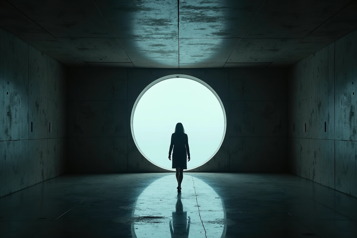 A person stands in front of a large circular window in a dark room.