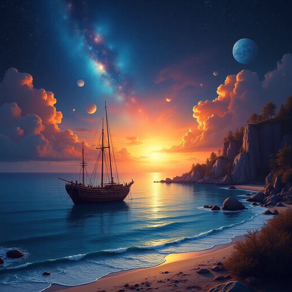 This artwork showcases a breathtaking imaginary landscape in outer space. It features a sea bay where a steampunk-style caravel is moored under a stunning sunset. The sky is awash with deep blues and vibrant oranges, creating a surreal atmosphere. Majestic nebulas and planets float above, enhancing the celestial theme. The overall vibe reflects a blend of psychedelic art and themes of space exploration.