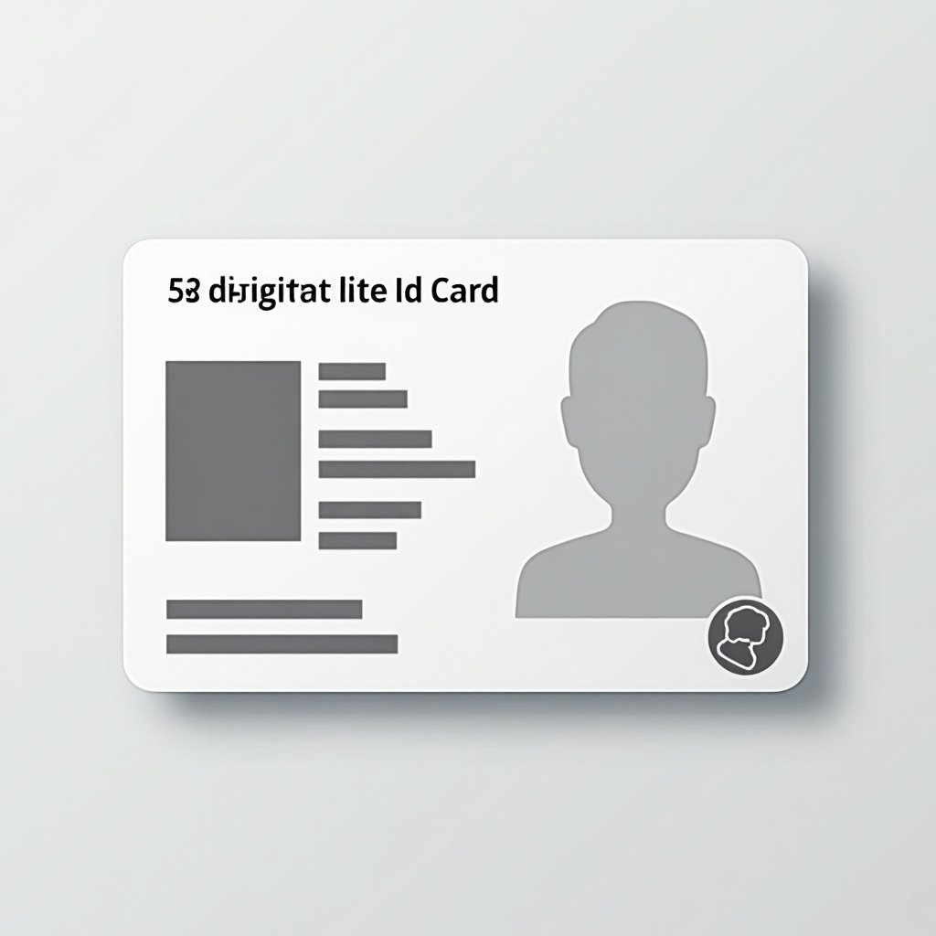 The image features a minimalistic design of a state ID card. The card is predominantly gray and white, showcasing a simple, modern aesthetic. There is a placeholder silhouette of a person's head on the left side of the card. Various lines and text boxes suggest the presence of personal information, symbolizing a digital format. The design is uncluttered to convey professionalism and clarity.