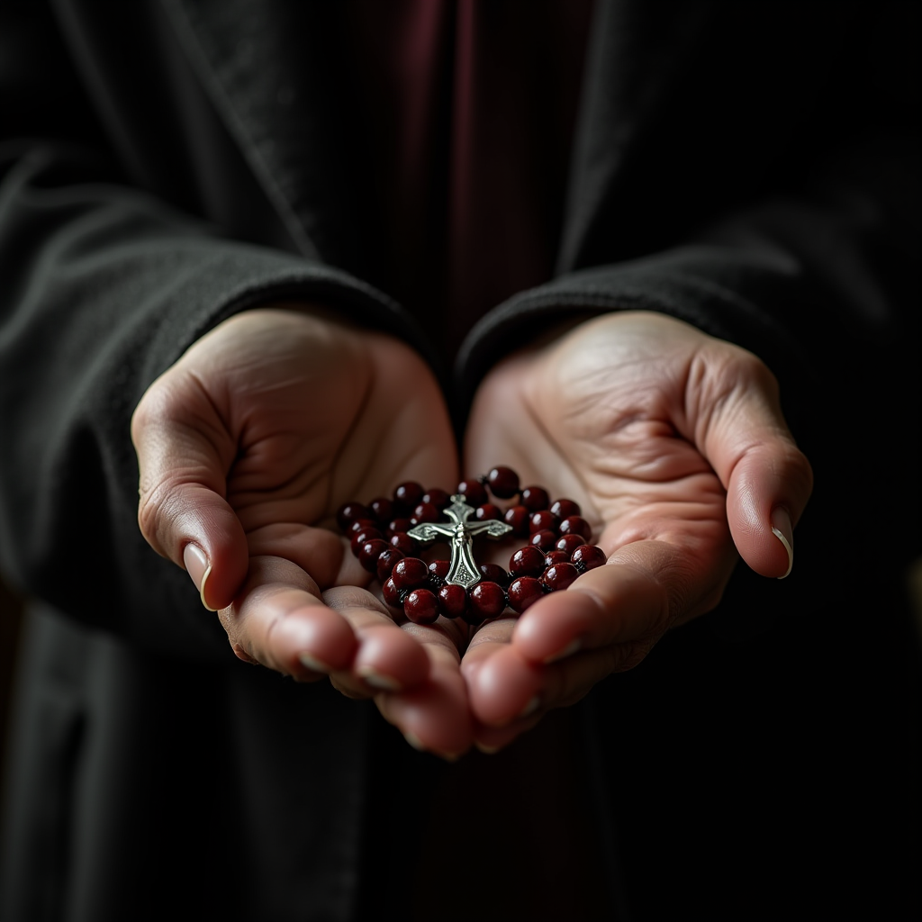 A pair of hands gently holds a rosary with red beads and a silver cross.