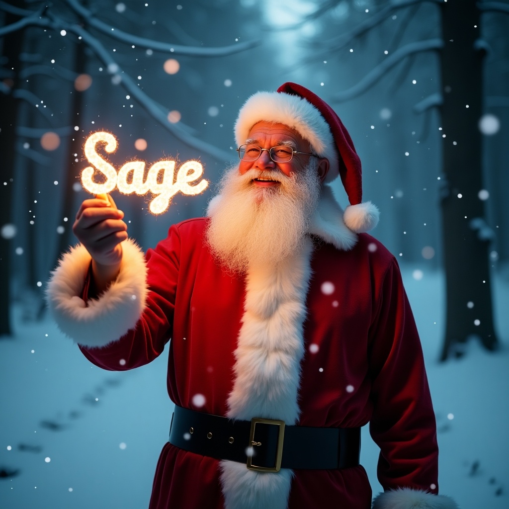 A magical Christmas scene features Santa Claus in his traditional red suit. He stands in a snowy forest, illuminated by a soft glow. In his hand, he holds a glow stick that spells 'Sage'. Light snowflakes are falling around him, enhancing the winter atmosphere. This image captures the essence of Christmas and the spirit of joy and belief.