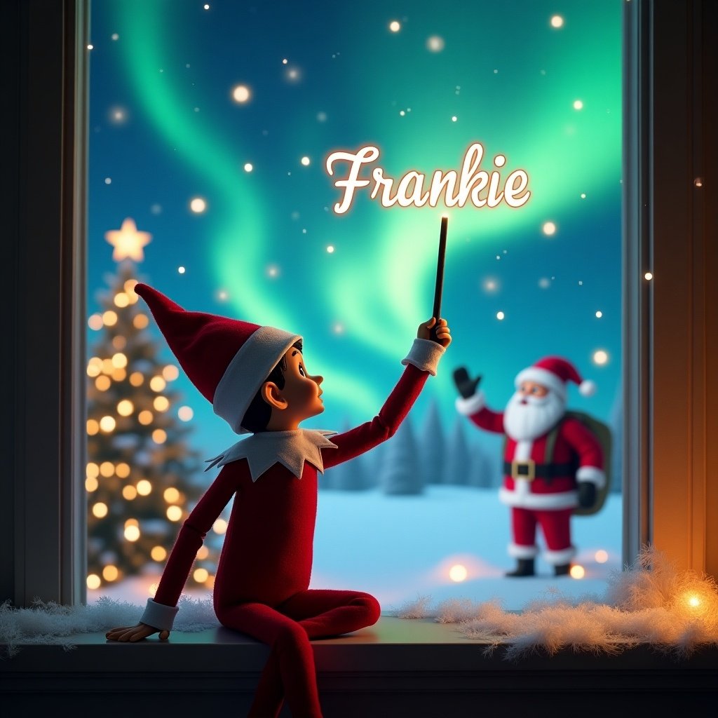 An elf on the shelf is depicted sitting on a windowsill, with its back to the viewer. The elf is using a magic wand to write the name 'Frankie' in the sky. Outside the window, a magical Christmas scene unfolds, illuminated by vibrant northern lights. A cheerful Santa Claus can be seen waving in the background. The atmosphere is filled with holiday spirit, complete with a beautifully decorated Christmas tree.