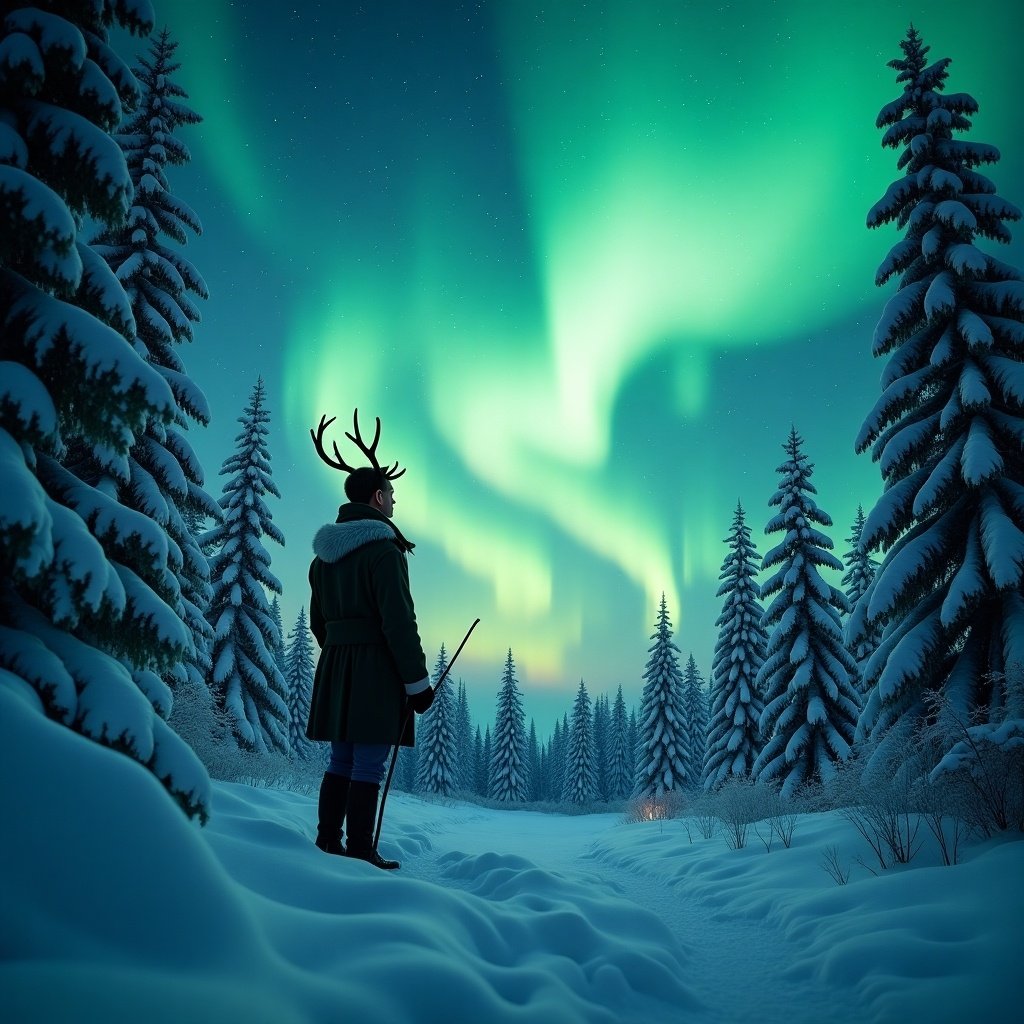 A mystical scene depicting an elf standing in a snow-covered forest. The vibrant northern lights illuminate the sky in shades of green and blue. The elf, adorned with antlers, gazes in awe at the spectacle above. Snow-laden trees surround him, creating a serene winter wonderland. The mood is magical and peaceful, inviting viewers to experience the beauty of nature's wonders. The elf holds a wand, gracefully writing the name 'Maxwell' in the sky above.