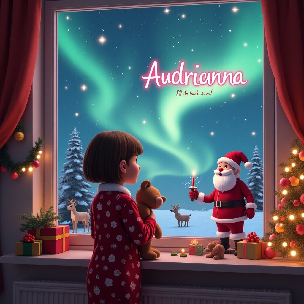 This image depicts a young girl with short brown hair in cute Christmas pajamas, holding a teddy bear and looking out a window. The enchanting view features Santa Claus and reindeer, framed by a mesmerizing northern lights backdrop. An elf on the shelf can be seen writing the girl's name 'Audrianna' in pink sparkling light, adding a whimsical touch to the holiday scene. The cozy room is adorned with twinkling lights and a decorated Christmas tree, enhancing the festive feeling. Overall, the image encapsulates a joyful and enchanting holiday moment.