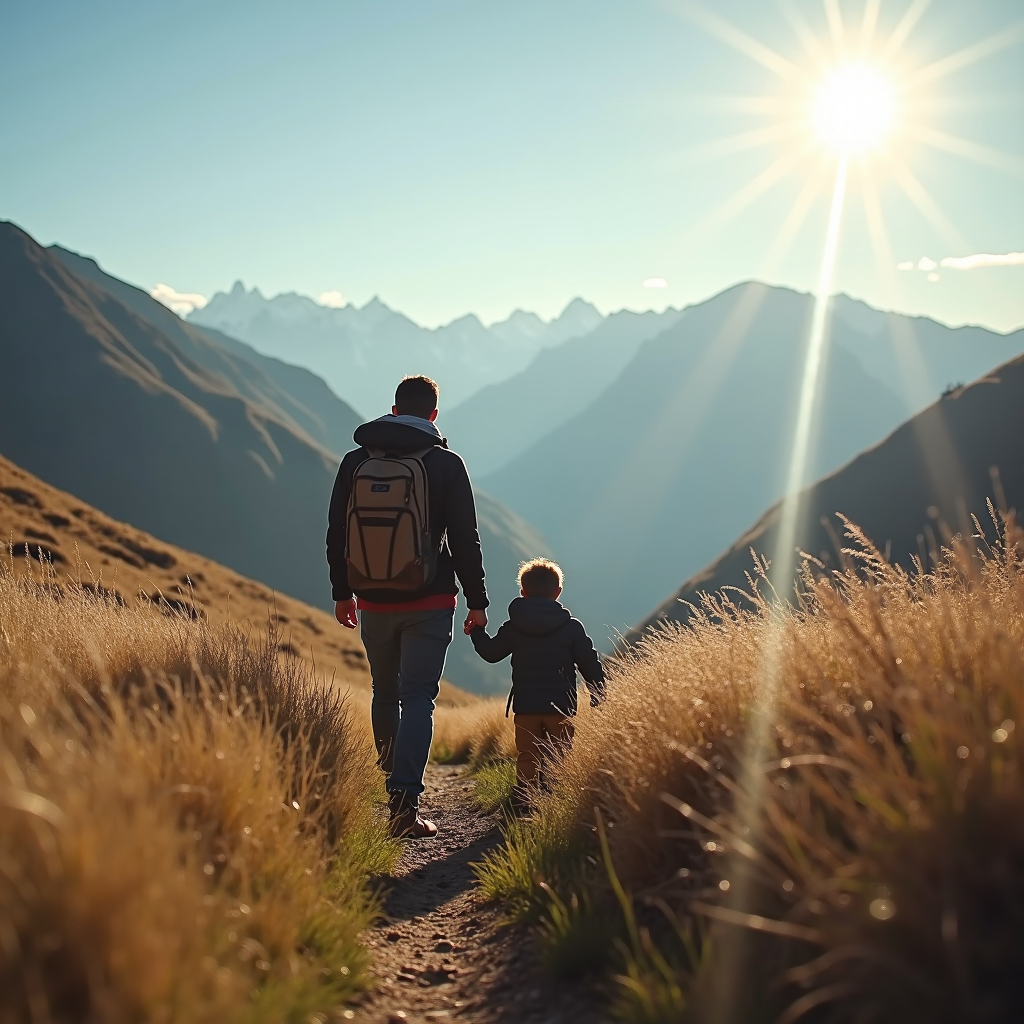 A man and child walk hand in hand along a mountain path under a bright sun.