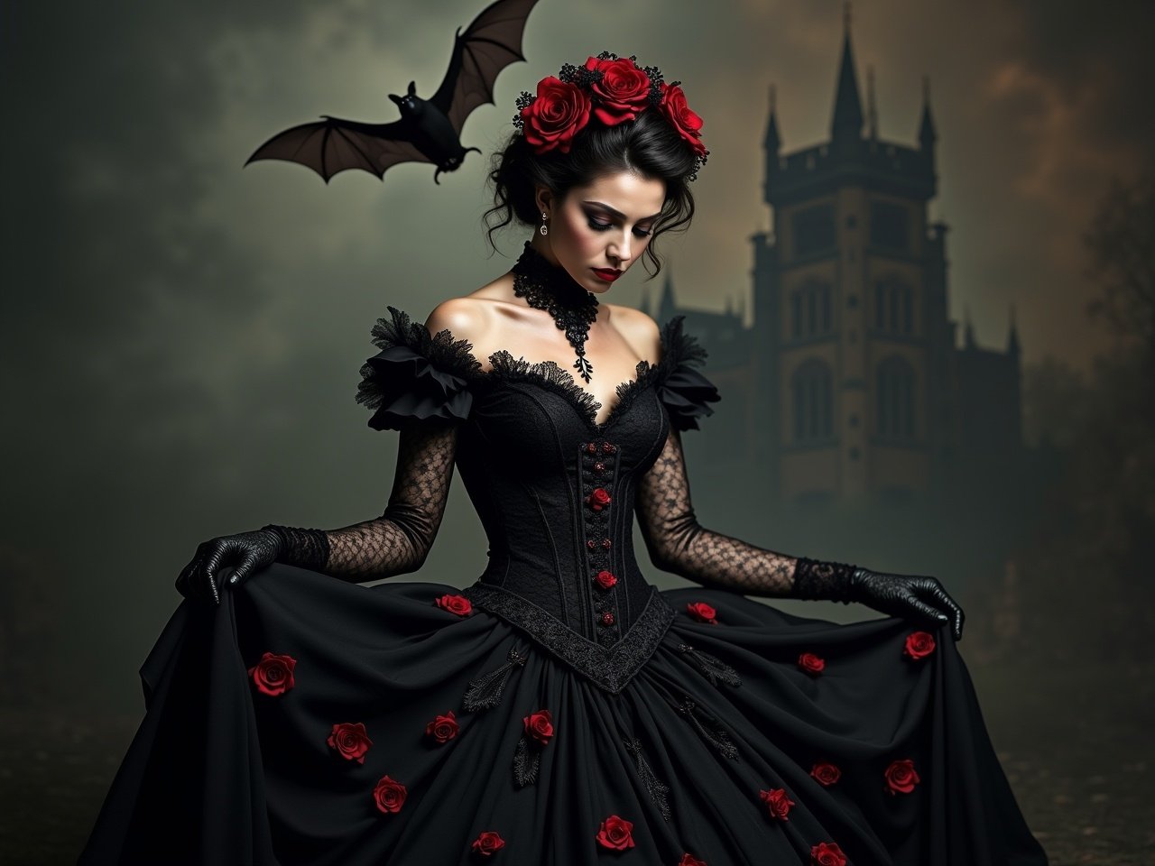 The image depicts a striking woman dressed in a gothic style gown. Her dress is predominantly black with intricate lace details and splashes of red, giving it a dramatic flair. She wears black lace gloves and her hair is styled in soft, dark curls, adorned with a red flower. In the background, there's a faint depiction of a gothic architecture, adding to the eerie atmosphere of the scene. A bat is flying near her, enhancing the gothic theme. The overall color palette is dark and moody, creating an enchanting yet haunting vibe.