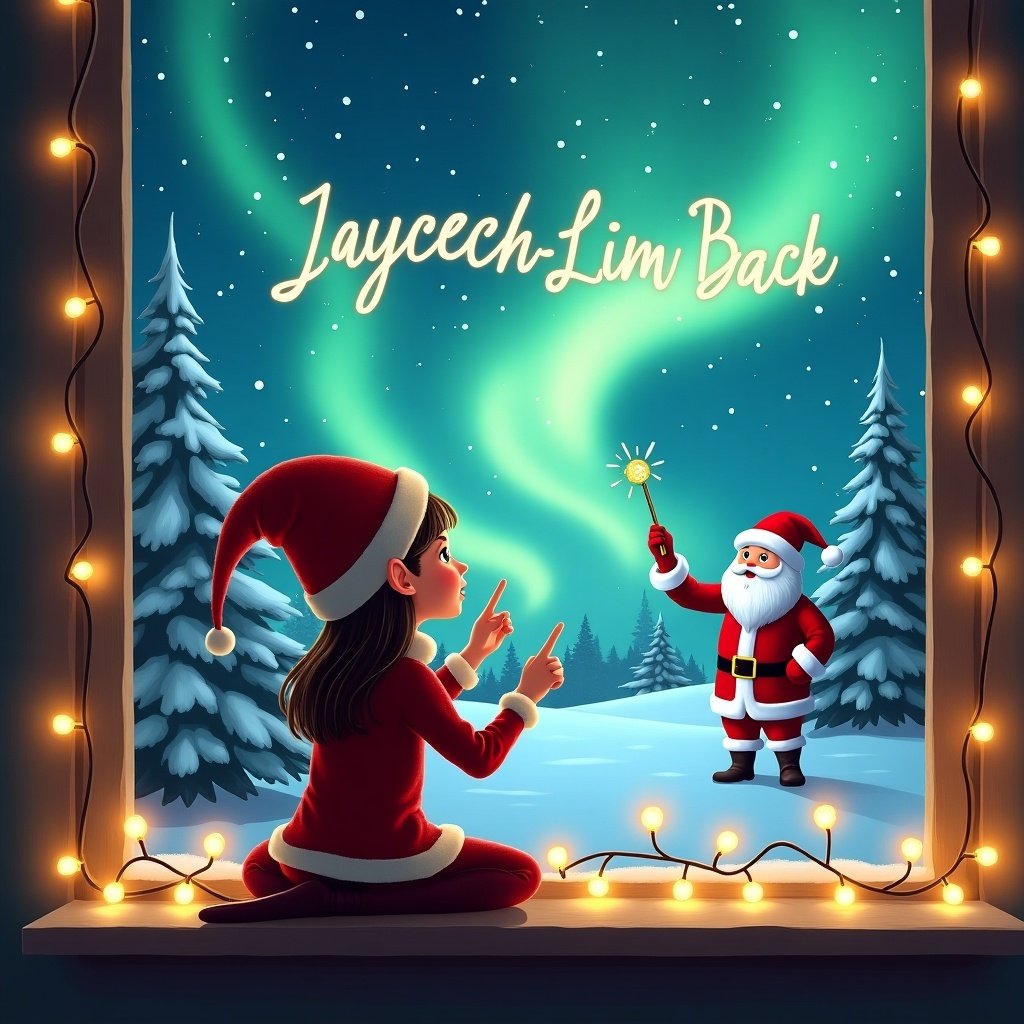 This image depicts a delightful Christmas scene featuring a girl elf on the shelf. She is sitting by a window, looking out at the northern lights. With a magical wand, she is writing 'Jayceigh-Lei Im Back' in the sky. In the background, Santa Claus is waving, adding to the festive cheer. Snow-covered trees surround the scene, enhancing the winter wonderland feeling. Soft twinkling lights frame the window, creating a warm and cozy atmosphere that embodies the spirit of the holidays.