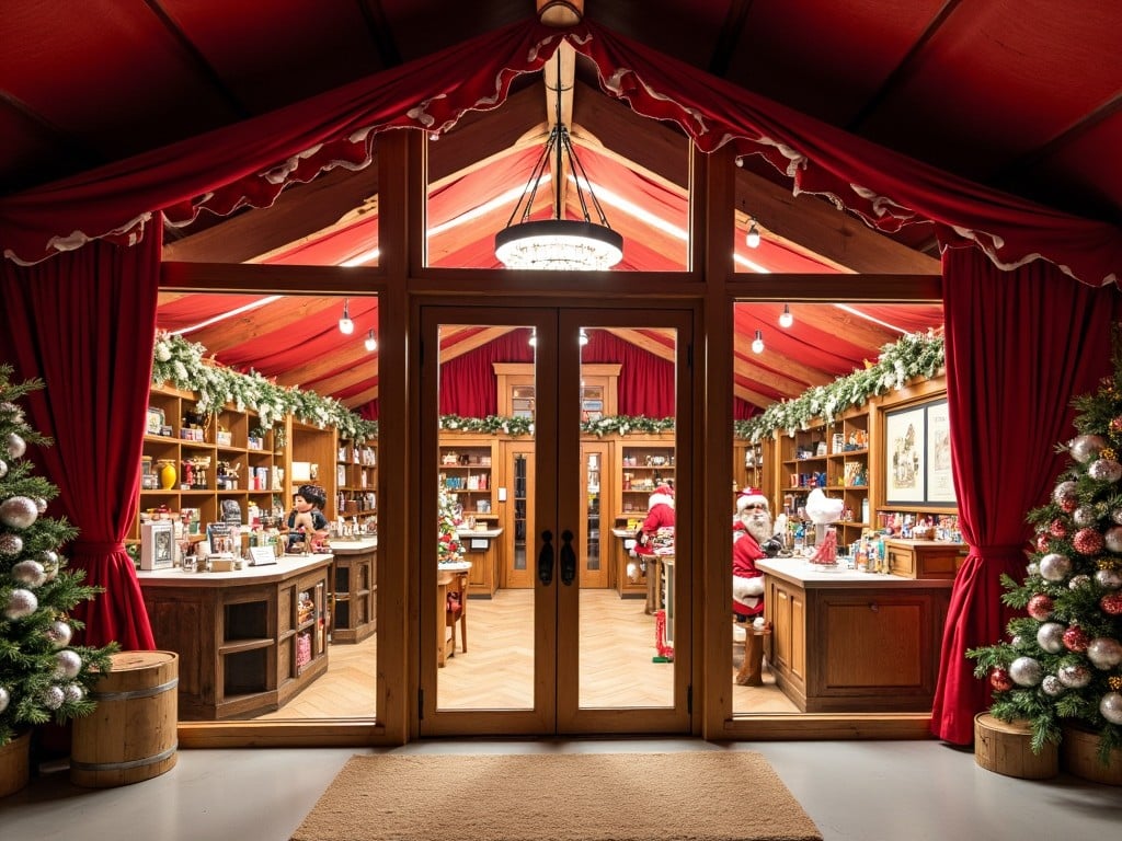 The image depicts a cozy Christmas workshop, welcoming visitors with its festive decor. Inside, Santa Claus and helpers are engaged in preparing gifts. The warm, inviting lighting enhances the holiday spirit, while decorations like garlands and ornaments adorn the shelves. The red walls and ceilings create a vibrant and cheerful atmosphere. This scene is perfect for conveying the joy and warmth of the holiday season.