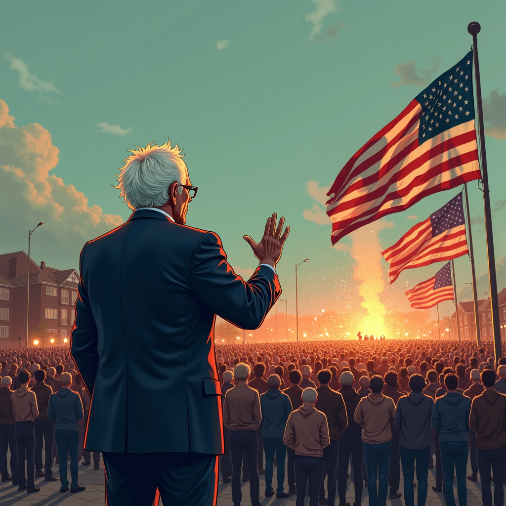 A leader addresses a crowd while American flags wave against a dramatic sunset sky.