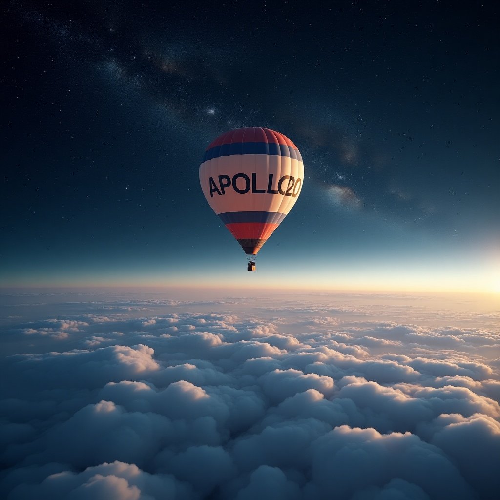 A hot air balloon floats gracefully over fluffy cloud formations, highlighting the curvature of the Earth below. The sky transitions from a soft twilight to a deep, starry canvas, adorned with distant galaxies and twinkling stars. The balloon, vibrant in red and blue stripes, boldly displays the name 'APOLLO20'. This ethereal scene captures the essence of adventure and exploration. Perfect for inspiring wanderlust and showcasing breathtaking vistas in travel-related media.