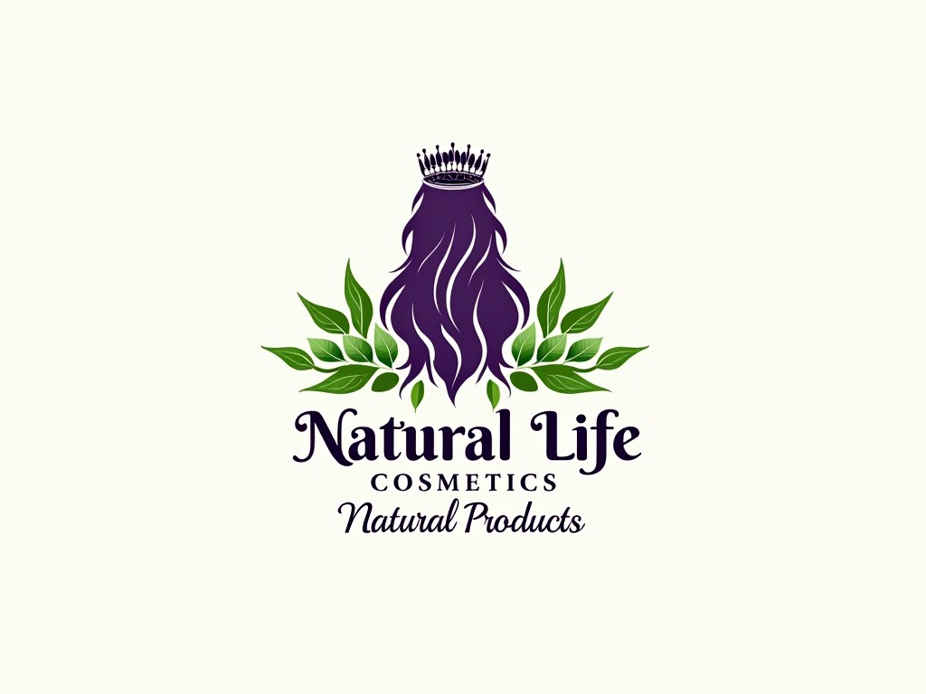 The image shows a logo for a company named 'Natural Life Cosmetics'. The design features a stylized illustration of a woman with long, flowing purple hair, wearing a crown. The woman's silhouette is surrounded by green leaves, emphasizing a natural theme. Below the illustration is the company name 'Natural Life Cosmetics' written in an elegant font. Beneath the company name, the words 'Natural Products' are also included, reflecting the focus on organic and eco-friendly items.