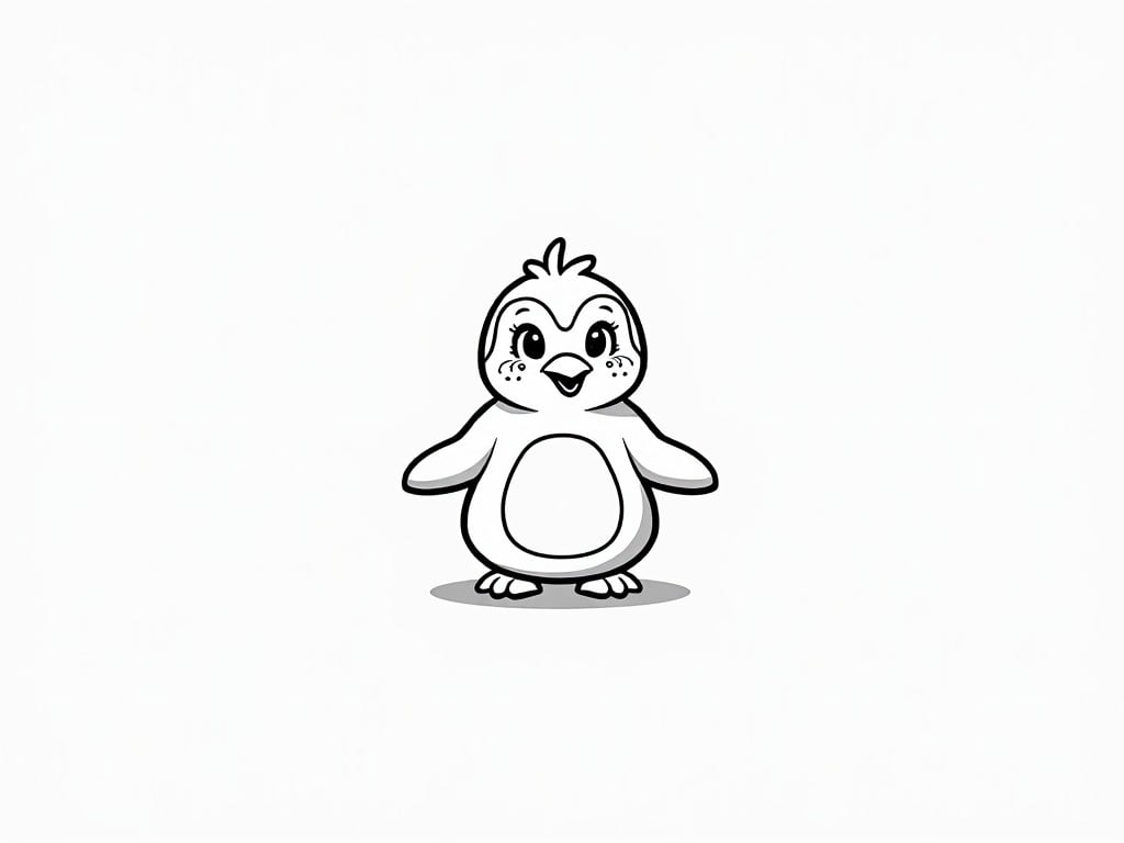 This illustration features a cartoon penguin with exaggerated cute features, including large eyes, a small beak, and flipper-like wings expressed in a joyful and playful stance. The penguin is set against a plain white background, emphasizing its monochrome black and white color scheme that gives it a clean and simple look, yet full of personality. Its design is highly stylized, appealing particularly to children and fans of cute animal graphics.